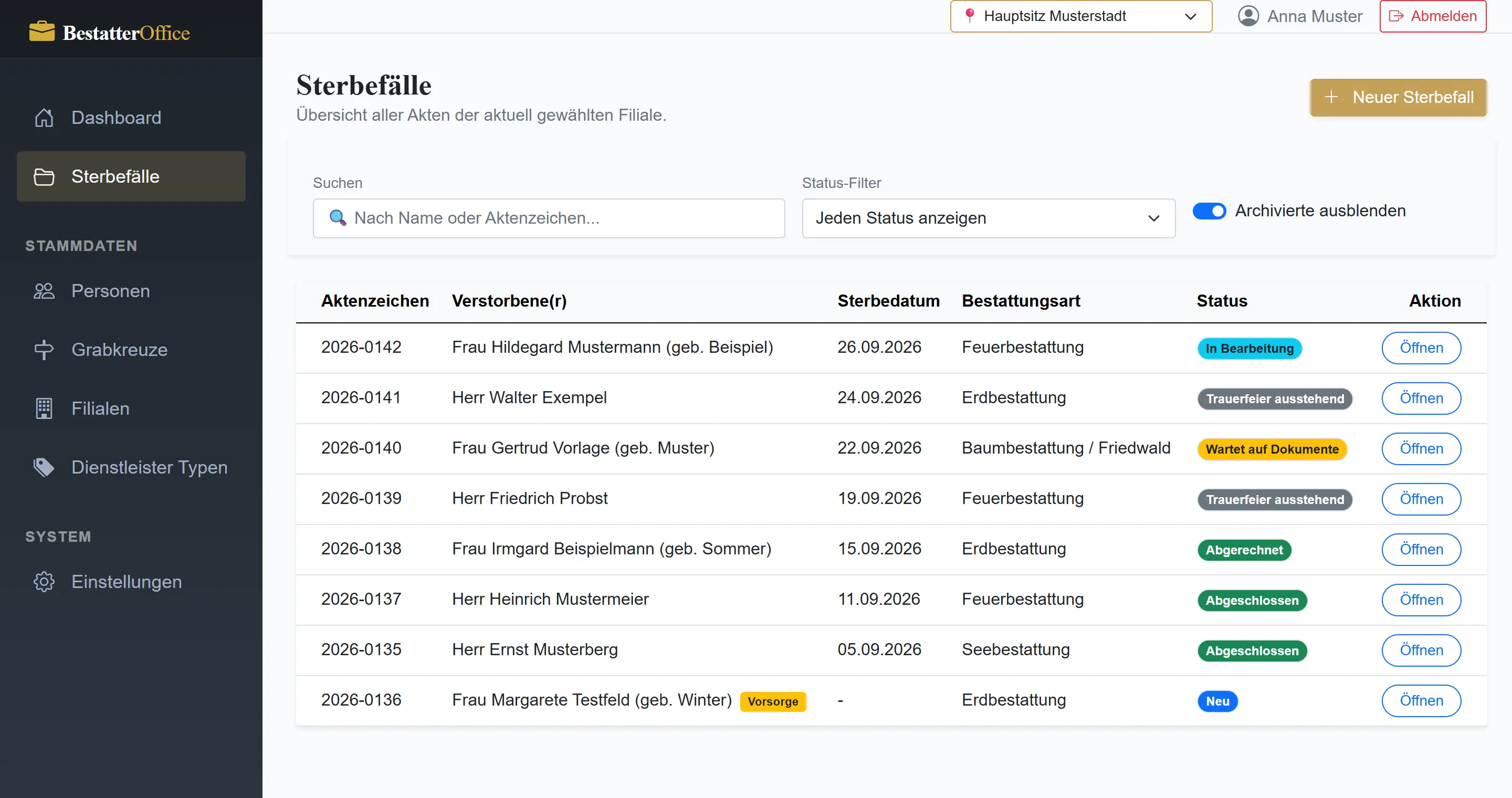 Die Übersicht der Sterbefälle in BestatterOffice: Akten mit Aktenzeichen, Name der verstorbenen Person, Sterbedatum, Bestattungsart und farbigem Status, darüber Suche, Status-Filter und die gewählte Filiale.